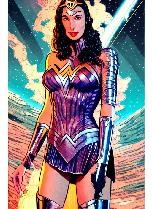 Prompt: Gal Gadot as badass space wizard in retro science fiction cover by Moebius, vintage 1960 print, detailed, trending on artstation, photo accurate face