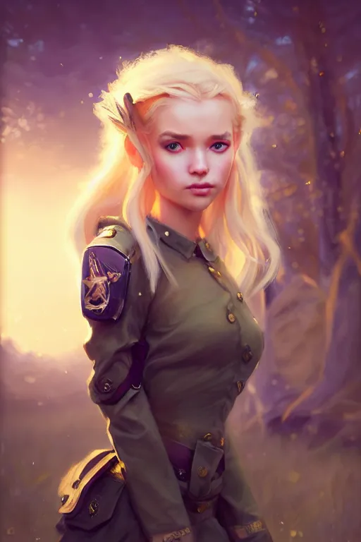 Image similar to cinematic shot of an epic portrait of a cute blonde fairy dressed in military clothes, stylised military clothes, shiny skin, beautiful eyes, beautiful, small details, night setting, realistic poster with volumetric light from craig mallism, artgerm, jeremy lipkin and michael garmash, unreal engine, radiant light, digital art, trends at art station, a masterpiece