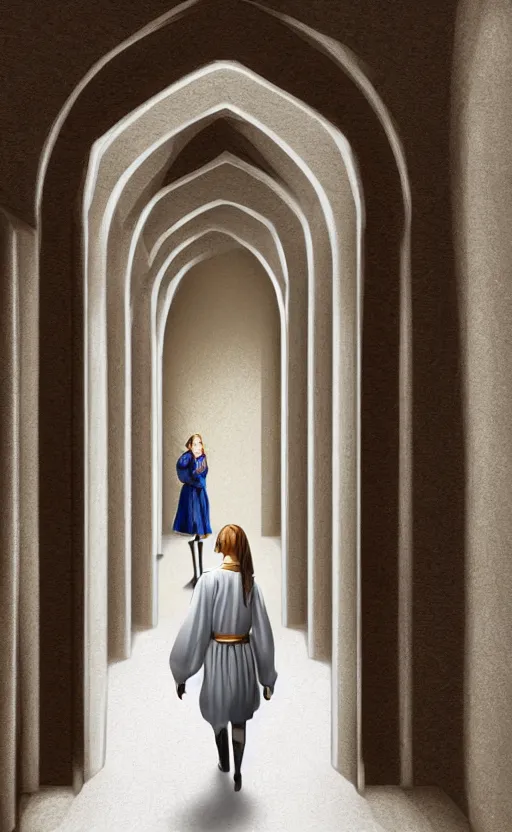 Image similar to medieval servant girl walking in castle hallway, about to enter doorframe, half turned around, full body, ultra realistic, digital art