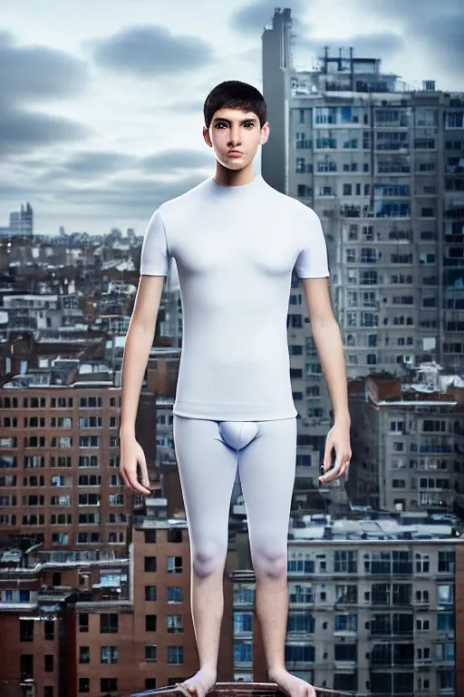 Image similar to un ultra high definition studio quality photographic art portrait of a young man standing on the rooftop of a british apartment building wearing soft padded silver pearlescent clothing. three point light. extremely detailed. golden ratio, ray tracing, volumetric light, shallow depth of field. set dressed.