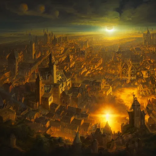 Prompt: aerial view of a medieval town lit by a glowing orb hanging in the sky. by alan lee by peter mohrbacher, trending on artstation sharp focus vfx key shot