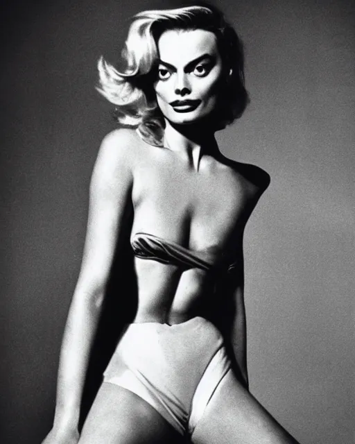 Prompt: Margot Robbie photographed by helmut newton, 1977, studio photography, award winning, cdx,