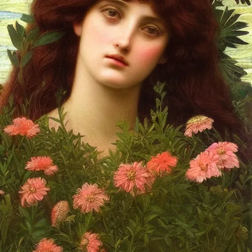 Image similar to Beautiful Pre-Raphaelite goddess of nature in the style of John William Godward, close-up portrait, in focus, flowers and plants, etheric, moody, intricate, mystical,