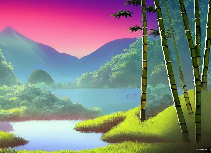 Image similar to misty japanese bamboo forest, lake foreground, large distant mountain, waterfall!!!!!, sunny, cartoony, stylized anime, sun rays, soft, moody lighting, by hayao miyazaki, ghibli studio, makoto shinkai, toei animation, studio trigger, trending on artstation, 4 k, hd