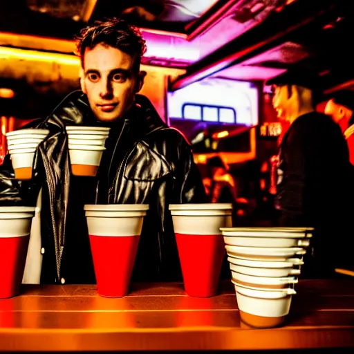 Image similar to photograph of retro techwear people with solo cups loitering near the bar of a packed busy rundown nightclub, retrofuturism, brutalism, cyberpunk, sigma 85mm f/1.4, 35mm, 4k, depth of field, high resolution, 4k, 8k, hd, highly detailed, full color