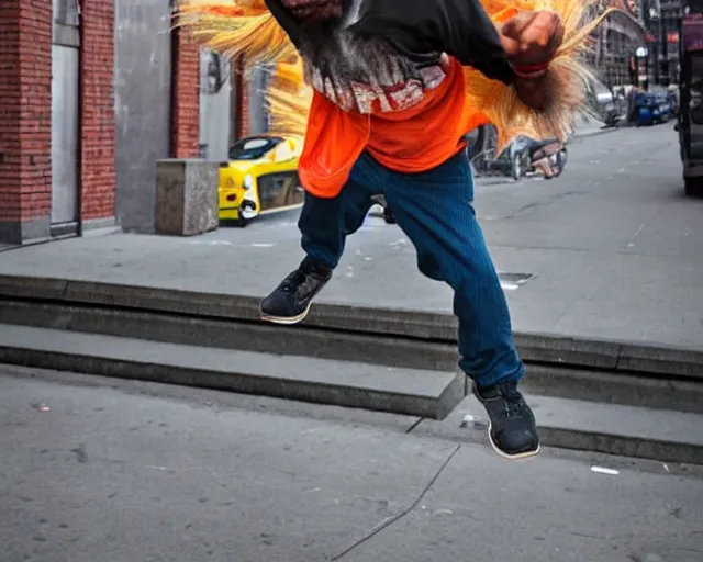 Prompt: a handsome homeless man wins the lottery. the homeless guy jumps in the air like a little girl. he is glowing like goku. realistic image. new york city candid photo