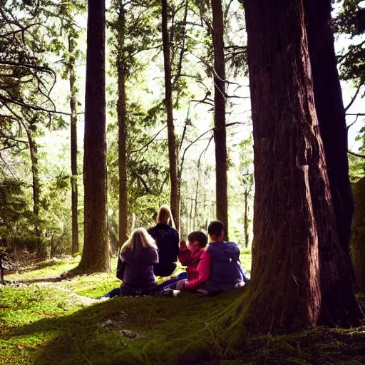 Prompt: Peeking through the forest trees at a happy family sitting around a campire