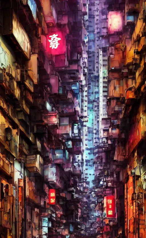 Prompt: a cyberpunk hong kong alley with robots and humans walking around by marcel deneuve