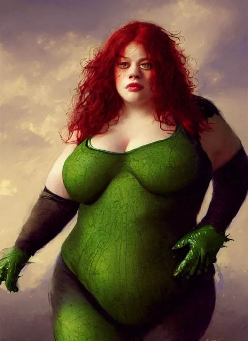 Prompt: A beautiful portrait of 400-pound obese Jane Levy as 400-pound obese Poison Ivy from Batman movie, digital art by Eugene de Blaas and Ross Tran, vibrant color scheme, highly detailed, in the style of romanticism, cinematic, artstation, Greg rutkowski