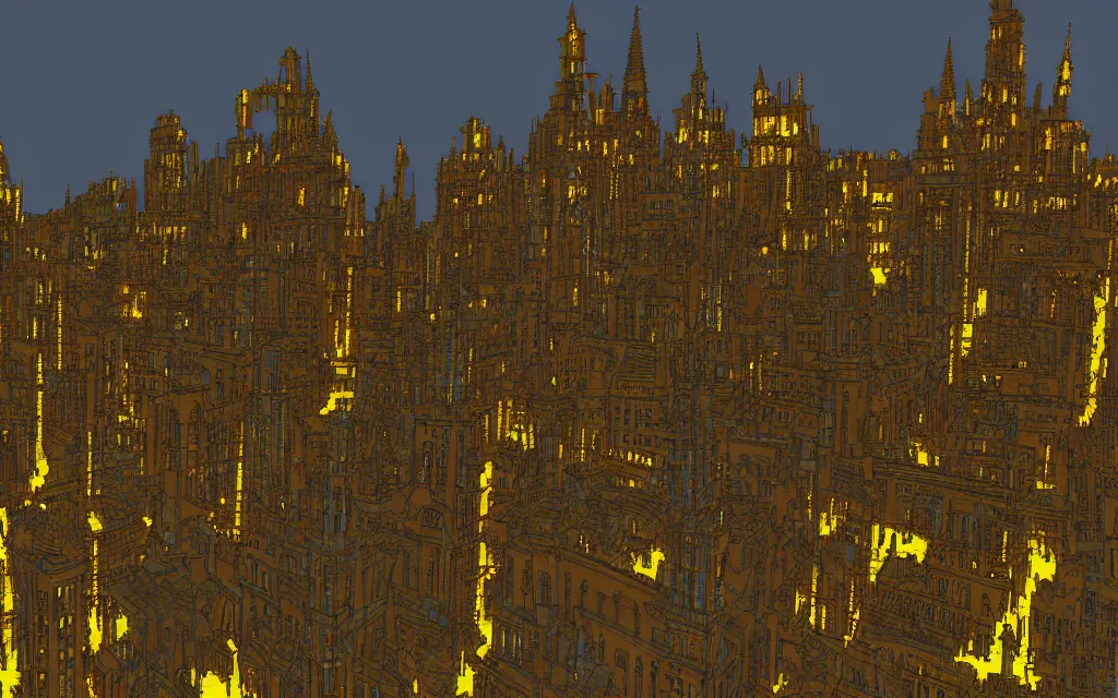 Image similar to an 18th gothic city at night. Pixel art, side view, panorama, (fantasy).