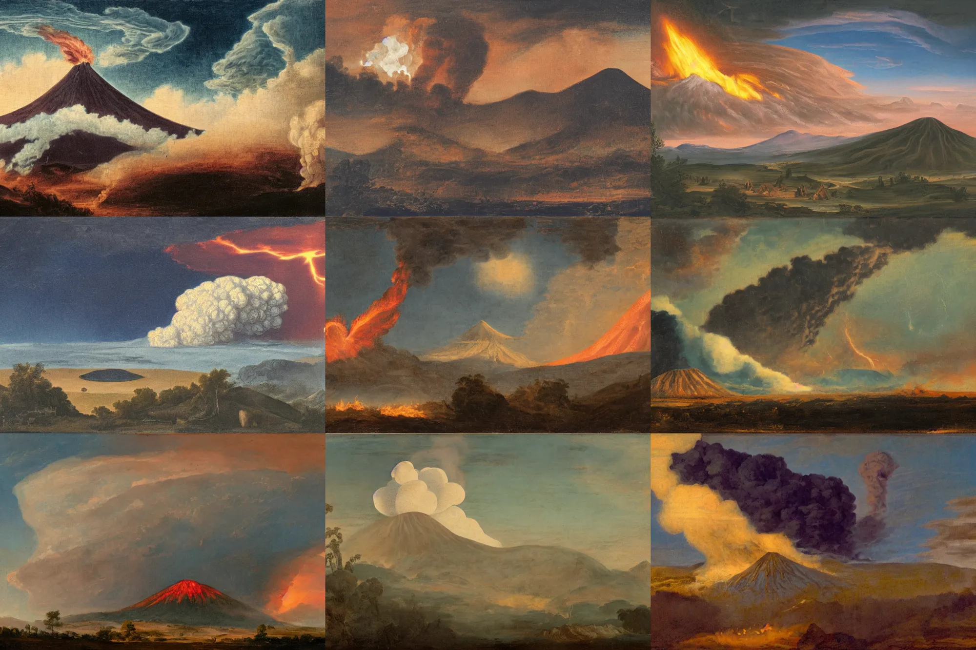 Prompt: peaceful landscape with burning volcano in center and thunderstorm above it