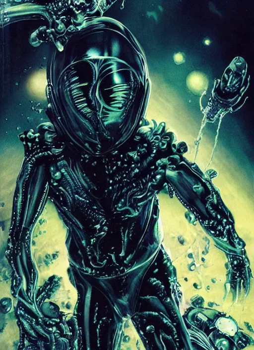 Image similar to alien astronaut in dark void underwater - complex and hyperdetailed technical suit design. reflection and dispersion materials. rays and dispersion of light. volumetric light. f / 3 2. noise film photo. flash photography. ultra realistic, 5 0 mm. poster by wayne barlowe, hajime sorayama aaron horkey, craig mullins