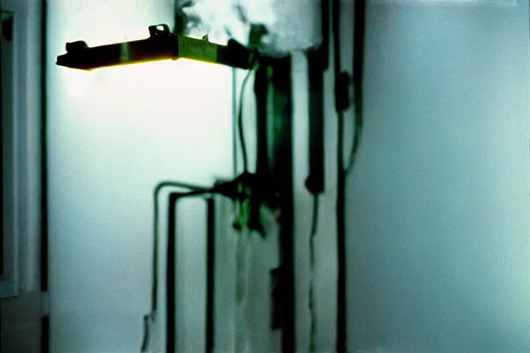 Image similar to backlit photograph of black box pouring energy into suburban room, crisp focus, 3 5 mm ektachrome