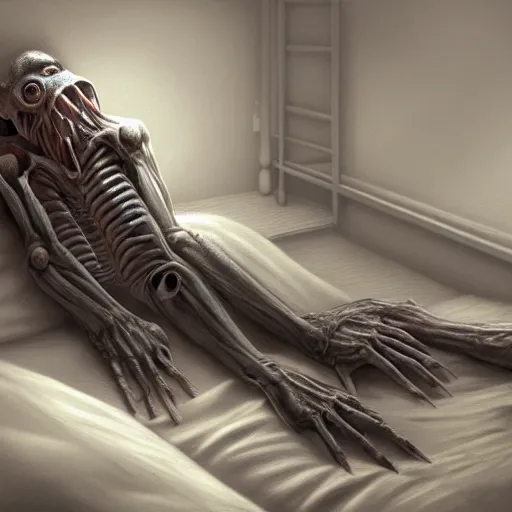 Image similar to A gangly humanoid monster running towards a person sleeping in a bed, trending on Artstation, Digital Painting, Insanely Detailed, Award Winning