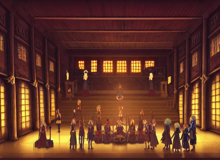 Image similar to key anime visual portrait of a castle's main hall interior with throne, servants, nobles, designed by mika pikazo, dynamic pose, dynamic perspective and angle, cinematic, film grain, detailed, intricate, at night, dramatic lighting