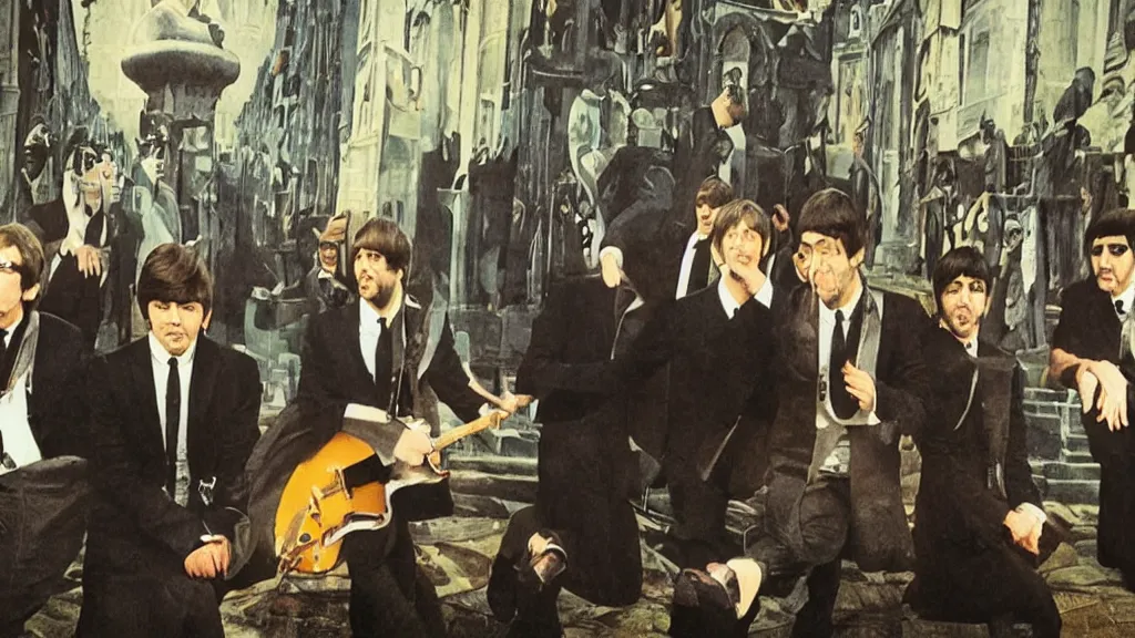 Image similar to the apostles as the beatles on an album cover, film still from the movie directed by Denis Villeneuve with art direction by Salvador Dalí, wide lens