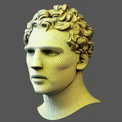 Image similar to 3 d renaissance statue head mixed with neon art, highly detailed