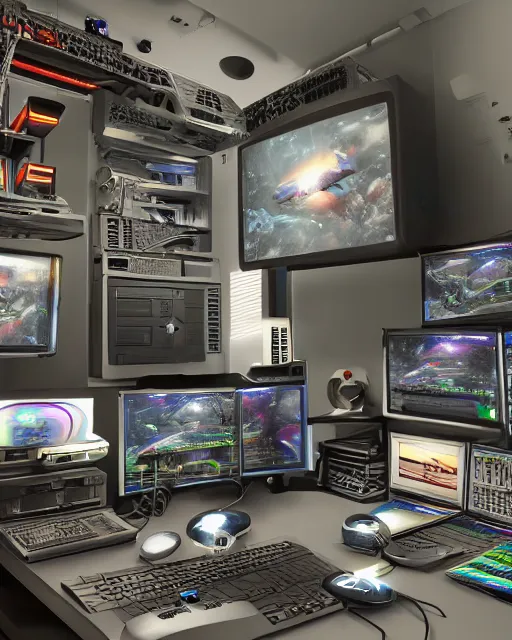 Prompt: scifi scene of a complex computer workstation in a small studio apartment room, many monitors, many electronics, very detailed, maximalism, unreal engine, hyper realism, realistic shading, cinematic composition, realistic render, octane render, detailed textures, photorealistic