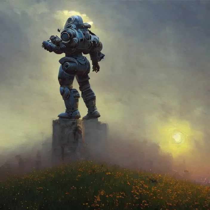 Image similar to a beautiful oil painting of a t - 5 1 power armor, fallout, fallout 4 by ivan aivazovsky and greg rutkowski and james gurney and frank lloyd and sung choi and monet, in style of impressionnisme. hyper detailed, sharp focus, soft light. unreal engine 5 lumen. ray tracing. trending on artstation. oil on canvas