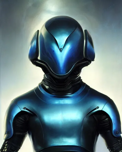 Image similar to iridescent sinewy smooth muscular male sleek glossy bluish black pearlescent scifi armor with smooth black featureless helmet, by greg rutkowski, mark brookes, jim burns, tom bagshaw, magali villeneuve, eve ventrue, trending on artstation