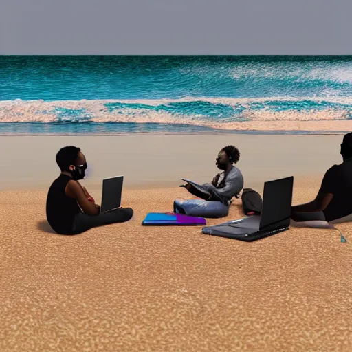 Image similar to group of black people working with macbook sitting on the beach sand, photorealism, ultra detailed, dynamic light