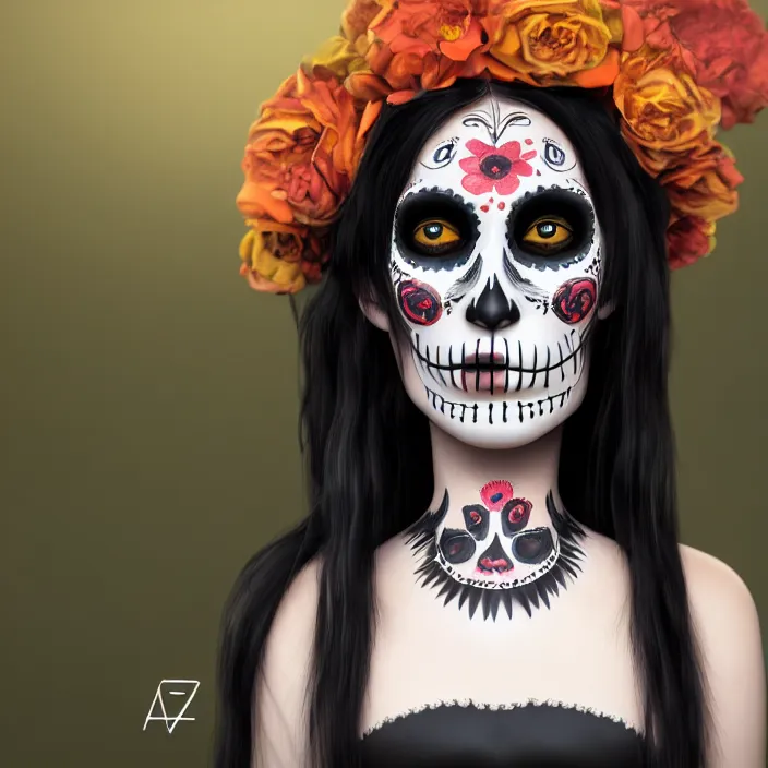 Prompt: a smiling girl with long black hair, her face slightly painted as dia de los muertos, by alozuniga. with the style of arcane ( 2 0 2 1 ). digital draw, digital art, trending on instagram, digital painting. octane render, unreal engine, beautiful lips.