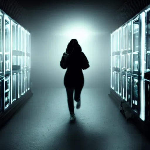 Image similar to woman holding a flashlight running through the interior of a furniture store, rows of refrigerators and stoves, cinematic lighting, night, terrifying, scp 3008, landscape, fog, artstation