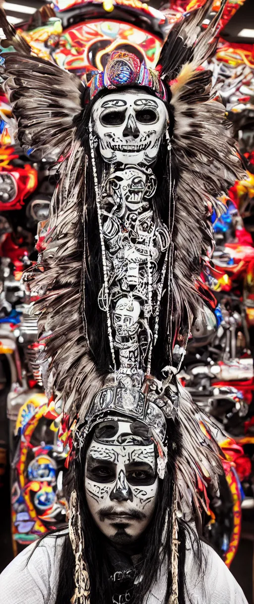 Prompt: photoperiodism portrait of an indigenous cholo goth mechanoid shaman dressed with a quetzalcoatl feathered serpent dancing over the ceiling of a lowrider police patrol in brooklyn