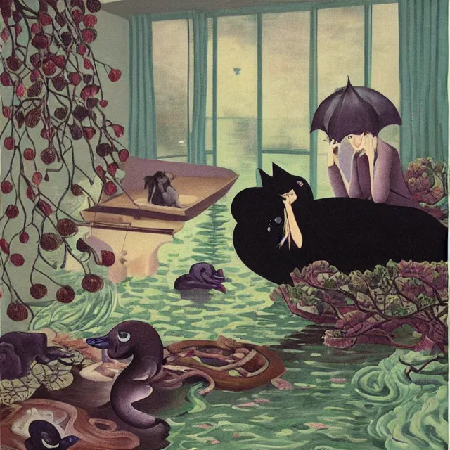 Image similar to emo catgirl artist in her flooded lounge room, painting of flood waters inside an artist's loungeroom, a river flooding indoors, pomegranates, pigs, ikebana, water, octopus, river, rapids, waterfall, black swans, canoe, berries, acrylic on canvas, surrealist, by magritte and monet