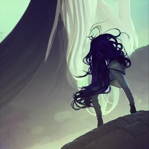 Prompt: low - angle shot from behind of a long blue - haired girl in a tailcoat overlooking demacia, combat boots, noir, screenshot, sharp focus, intricate, illustration, cell shaded, digital painting, highly detailed, straight hair, art by ilya kuvshinov, wlop, greg rutkowski, studio quality, james jean