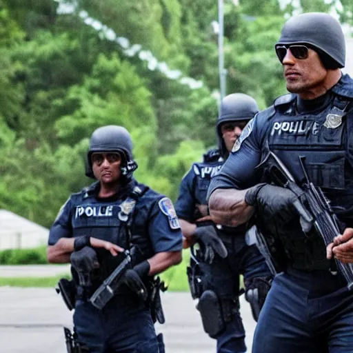 Prompt: a film still Dwayne Johnson as police swat