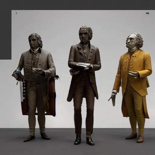 Image similar to mozart and beethoven and bach and liszt all standing next to each other, they're all statues, octane render, 8 k, highly detailed, hyper - realistic.