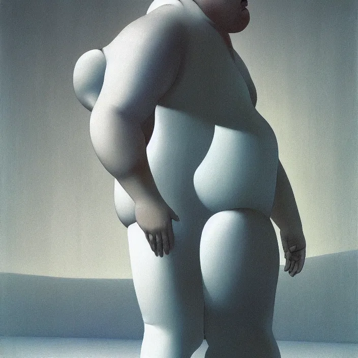Prompt: portrait of a fat man standing, dressed in all white futuristic bodysuit with a bionic leg Edward Hopper and James Gilleard, Zdzislaw Beksinski, highly detailed