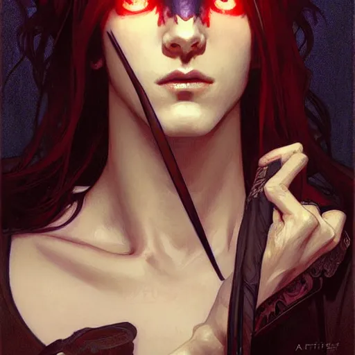 Image similar to attractive twenty first century male vampires beautiful eyes. highly detailed painting by artgerm and greg rutkowski and alphonse mucha 8 k