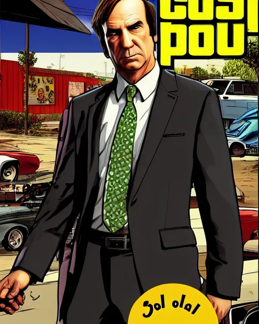 Prompt: Saul Goodman in GTA V, Cover art by Stephen Bliss, boxart, loading screen,