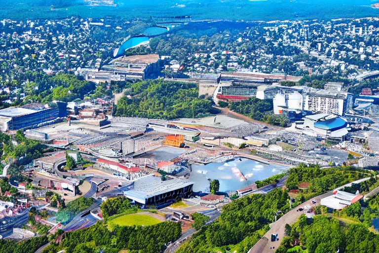 Image similar to bird's eye view photography of a small city. town hall, central farm, monorail station, beach and shipping dock. hills, woods and lake to the north.