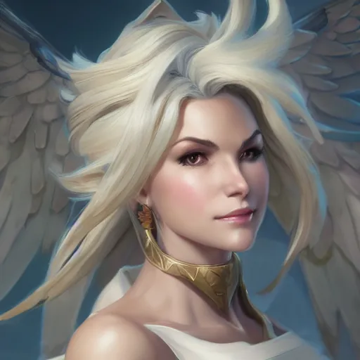 Image similar to Closeup of Mercy from Overwatch, D&D, fantasy, intricate, elegant, highly detailed, digital painting, artstation, concept art, matte, sharp focus, illustration, hearthstone, art by Artgerm and Greg Rutkowski and Alphonse Mucha