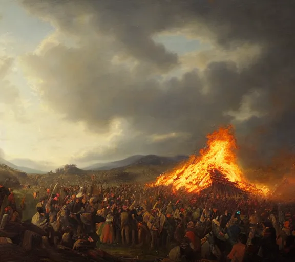 Prompt: landscape portrait of a an immense funeral pyre, with tyler childers throwing dollar bills onto it, by william sidney mount, trending on artstation