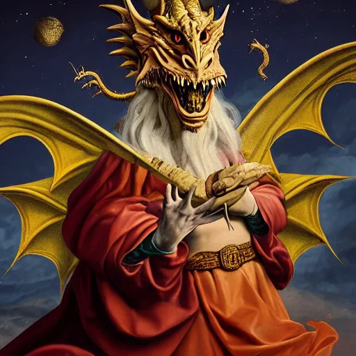 Image similar to baroque painting of a medieval dragon dressed as a wizard, the dragon has a long white beard, crescent moon in the background, detailed fullbody portrait, 8K HD image