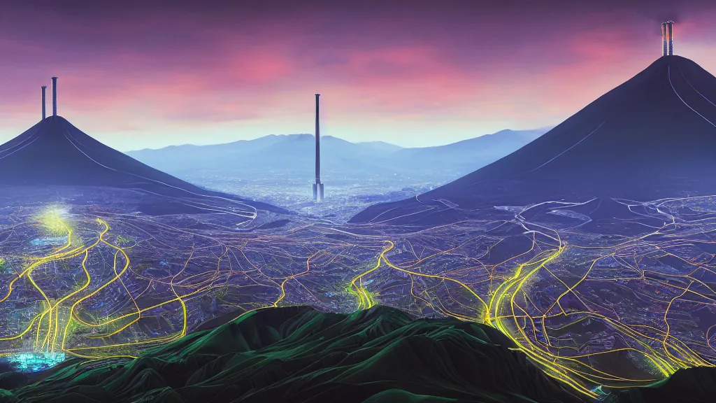 Prompt: Epic Nuclear power towers gracefully over the mountain valley of Quito, Ecuador; by Oswaldo Moncayo and Vincent Callebaut; line work and detailing by Simon Stålenhag, oil on canvas; Art Direction by James Cameron; Location: Quito Ecuador 4K, 8K; Ultra-Realistic Depth Shading