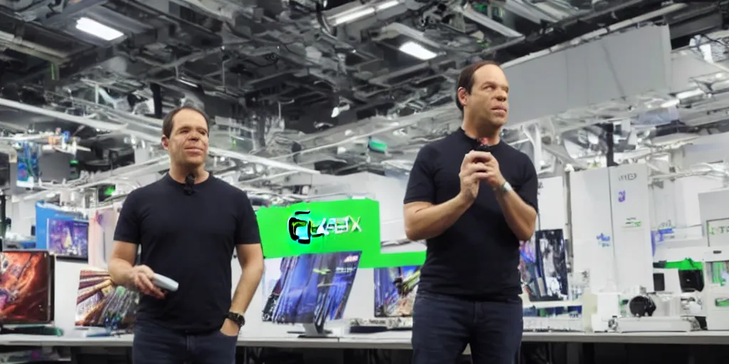 Image similar to phil spencer, microsoft, x - box, phil spencer in an asian factory, fantasy, games 3 d, unreal, amazing detali 4 k