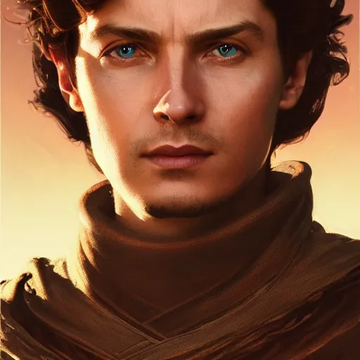 Image similar to a portrait of paul atreides from dune cinematic lighting, photorealistic, octane render, 8 k, depth of field, 3 d, art by artgerm and greg rutkowski and alphonse mucha and uang guangjian and gil elvgren and sachin ten
