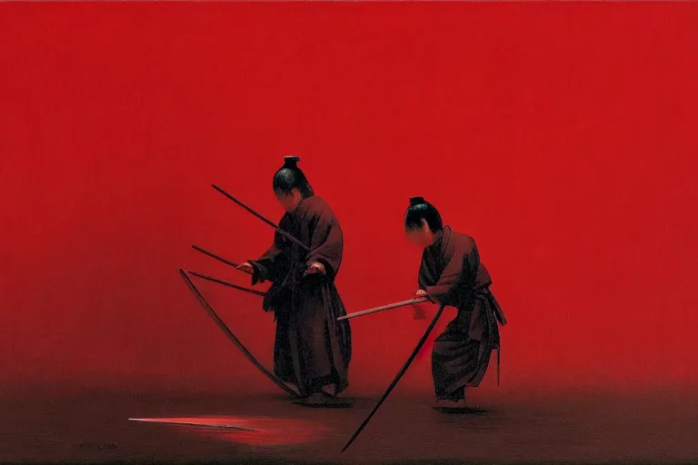 Image similar to only with red, a red samurai do seppuku, tokio, a lot of frogs watch, in the style of beksinski, parts by edward hopper, parts by rodcenko, parts by yue minjun, intricate and epic composition, red by caravaggio, insanely quality, highly detailed, masterpiece, red light, artstation, 4 k