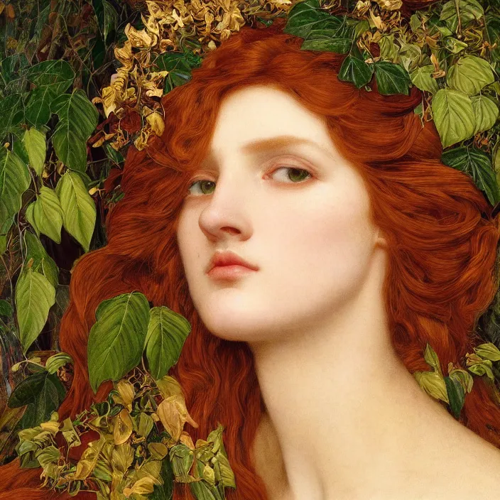Prompt: masterpiece beautiful seductive flowing curves preraphaelite face portrait amongst leaves, extreme close up shot, straight bangs, with horns thick set features, yellow ochre ornate medieval dress, branching abstract decorate structural circle, halo, amongst foliage mushroom forest arch branching framed with plants, gold gilded circle halo, kilian eng and frederic leighton and rosetti, 4 k