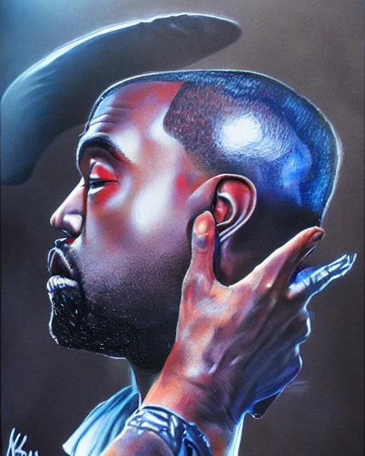 Prompt: kanye west, airbrush, drew struzan illustration art, key art, movie poster