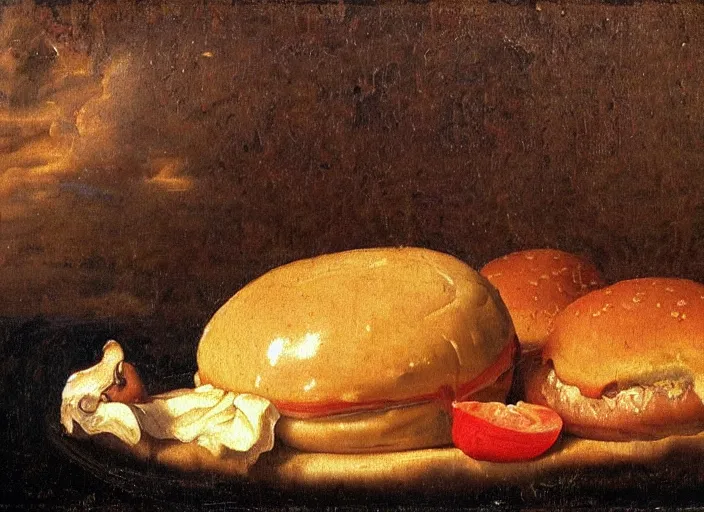 Prompt: a beautiful renaissance painting of a sweating young hamburger, sweet firm buns, in style of John Singer Sargant, still life, Velasquez, trending on artstation