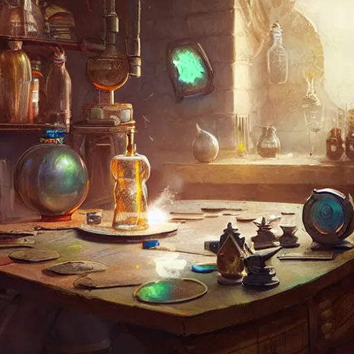 Prompt: incredible fake, table, wizards laboratory, greg rutkowski, mortar, pestle, magic powder, compass energy flowing, magic book, beakers of colored liquid, tony sart