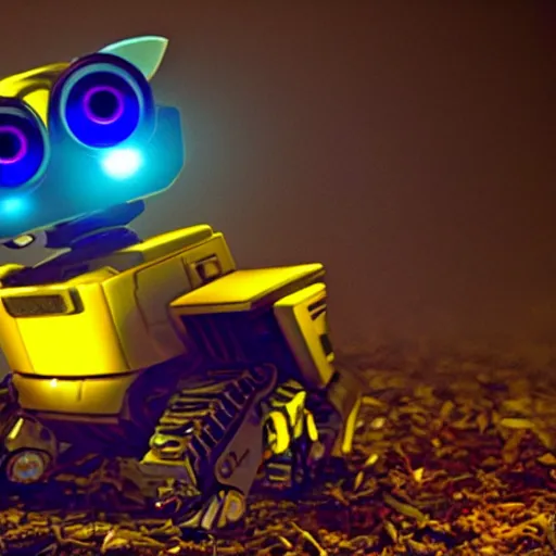 Prompt: photo of wall - e, blue and yellow glowing lights, dark, highly detailed