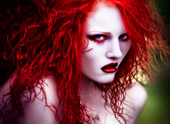 Image similar to award winning 5 5 mm close up face portrait photo of an anesthetic and beautiful redhead woman with blood - red wavy hair, intricate eyes that look like stars, and fangs, in a park by luis royo