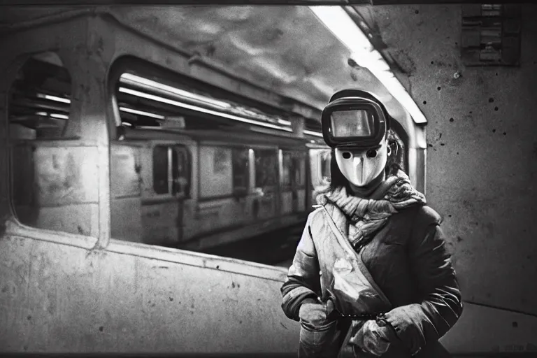 Prompt: portrait, girl in welding masks in subway, ominous lighting, by richard avedon, tri - x pan stock